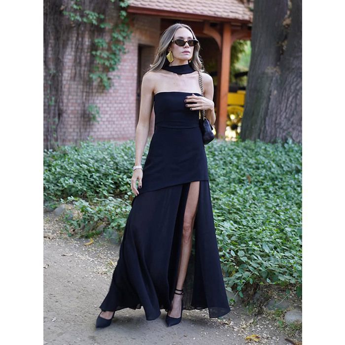 Robe longue femme élégante bustier–Robe soirée été fluide avec voile  transparent–Tenue mariage,cocktail,vacances–Noir