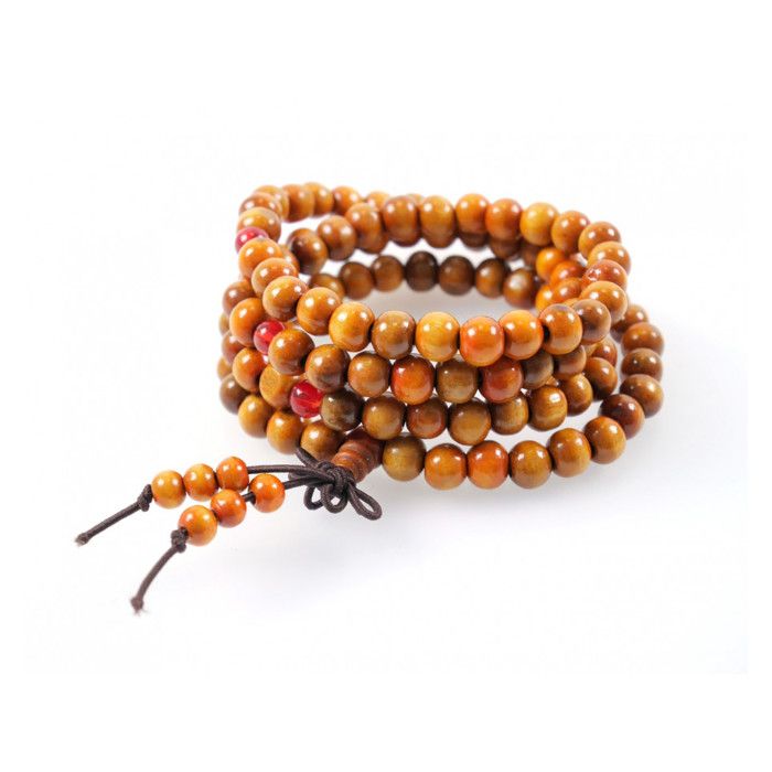 Bracelet Tibétain Mala en perles de bois 8mm + noeud sans fin. Coloris camel