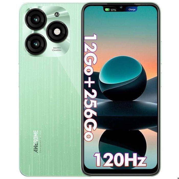 Smartphone A70 12GO+256GO Écran 6.6 120Hz Batterie 5000mAh 13MP Caméra Telephone Android 13 Telephone Portable Double SIM/NFC Vert