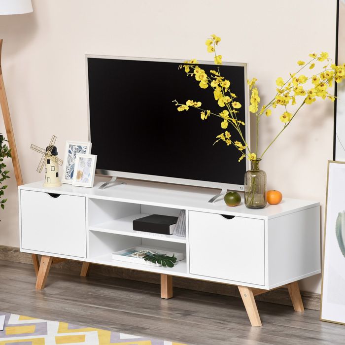 Meuble TV moderne&nbsp; grand plateau 2 armoires à porte et 2 niches ouvertes&nbsp; pied en bois hévéa&nbsp; 150 x 39 x 50 cm&nbsp; blanc