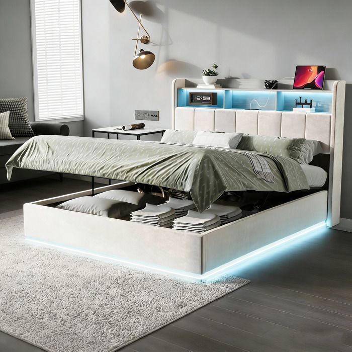 Lit coffre 140x190 cm - COZY - Velours Blanc - LED RGB - Rangement Hydraulique