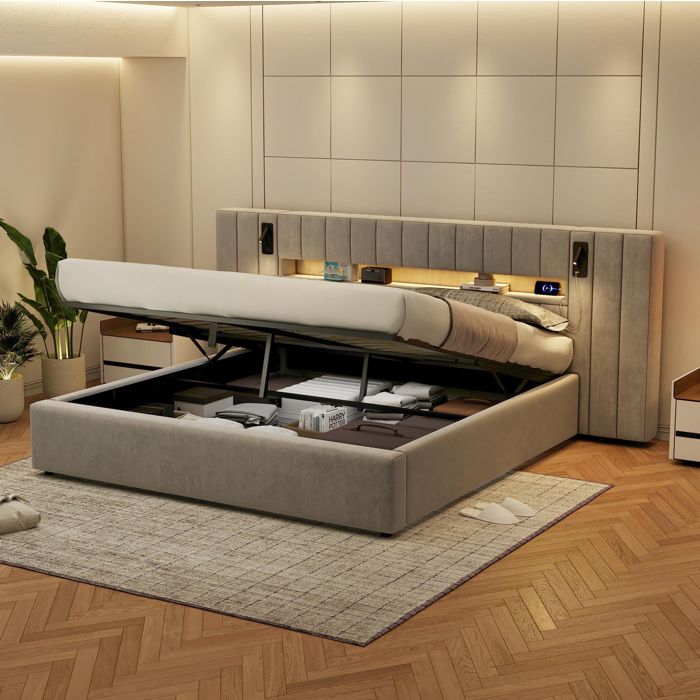 Lit coffre 180 x 200 cm EVRYAE en velours gris ports USB-A/USB-C LED lampes de lecture sans matelas