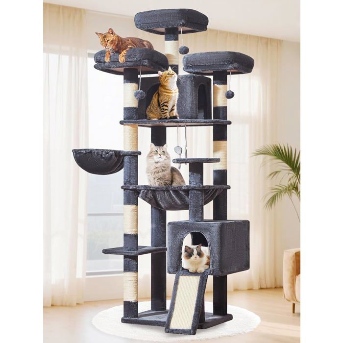 Arbre à chat XXL - JOZSI - Arbre à Chat 193 cm Stable pour Maine Coon 2 Condos 7 Griffers 3 Plateformes Hamac Gris Fumé