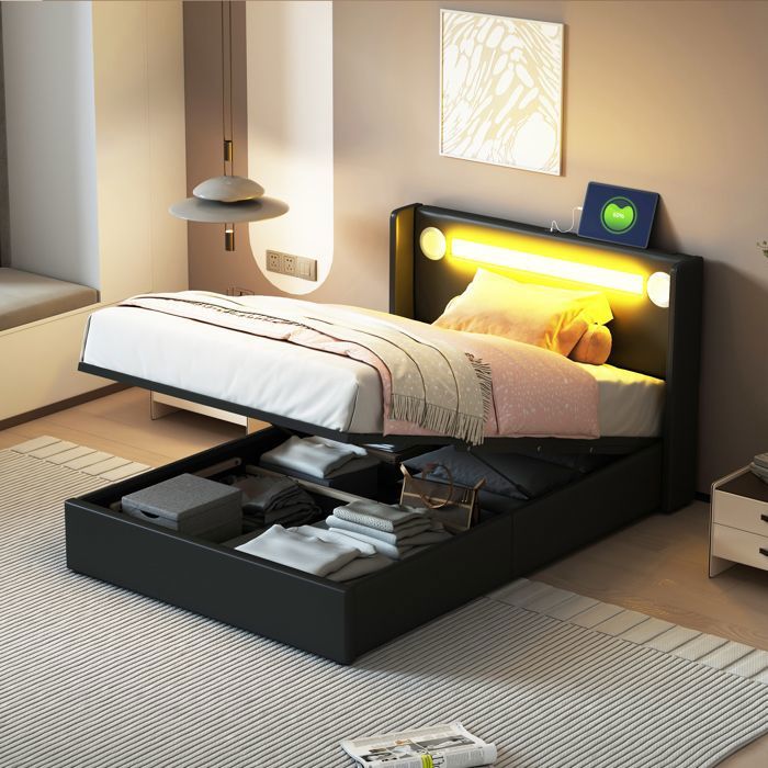Lit rembourré Lit pour enfants 90x200cm avec barre de lumière LED lecteur Bluetooth et charge USB lit de stockage en cuir PU noir