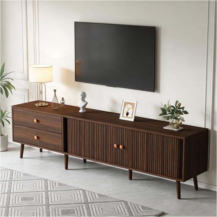 Meuble TV 180 x 40 x 46 5 cm - Effet Bois Noyer - avec Portes Coulissantes et 2 Tiroirs - Meuble Télé Rangement Salon 80 Pouces Meuble TV 180 x 40 x 46 5 cm - Effet Bois Noyer - avec Portes Coulissantes et 2 Tiroirs - Meuble Télé Rangement Salon 80 Pouces