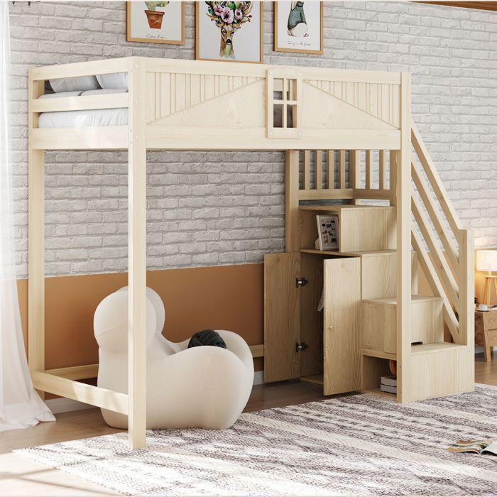Lit Mezzanine 90x200 cm Bois Massif Naturel - lit simple - Escalier Rangement Réversible Porte Sécurité avec Fenêtre