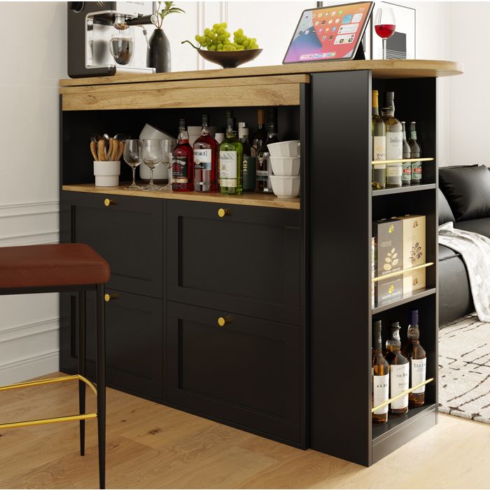 Buffet de cuisine noir 105 x 39 x 102 cm module pivotant 360° 4 tiroirs étagères ouvertes MDF