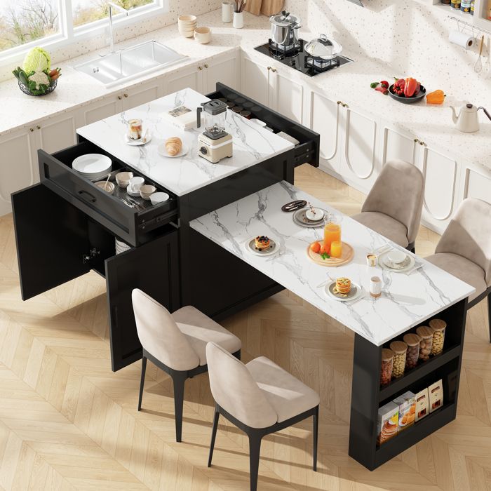Table haute extensible à roulettes 98-204x70 cm îlot de cuisine type mange-debout plateau effet marbre tiroirs et niches - noir