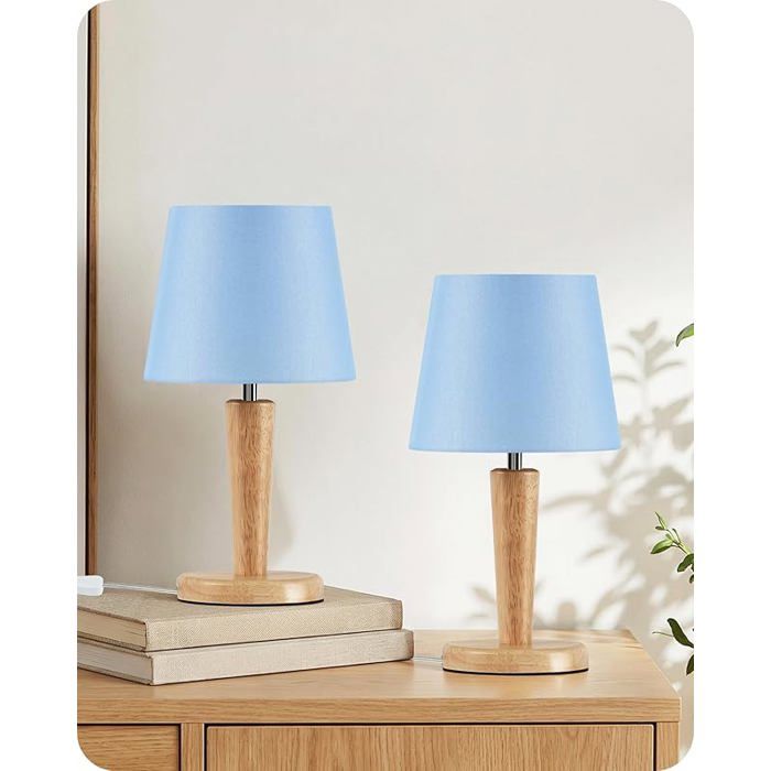 Lampe de Chevet en Bois Lot de 2 Abat-jour en Tissu Lin Bleu 3 Températures de Couleur (3000K / 4000K / 6500K) Bleu