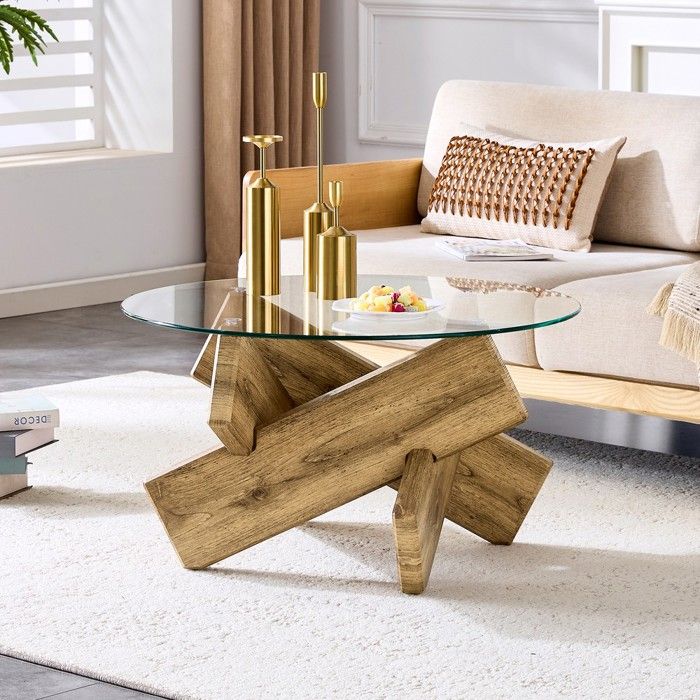 Table basse ronde - MINIMAL - MINIMAL HOME - MDF & verre - Diamètre 79 cm - Support en croix bois