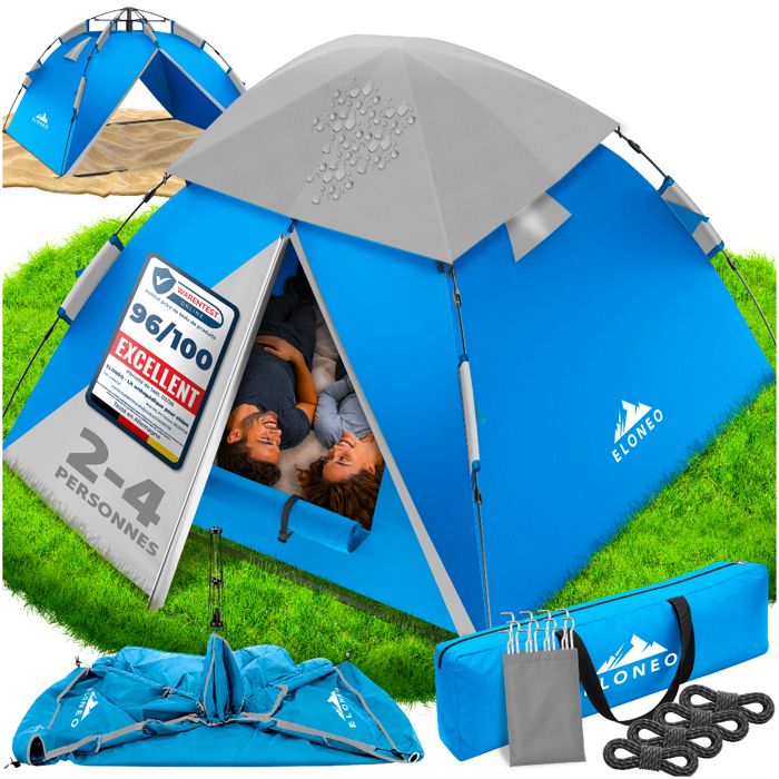 ELONEO tente Pop-Up 245x225x150 cm bleu gris tente camping 2 à 4 personnes montage instantané