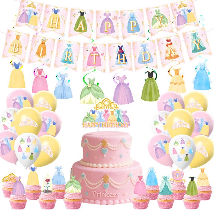 Ensemble de vaisselle sur le thème des princesses comprenant une banderole « Joyeux anniversaire » des assiettes des ballons