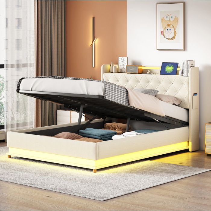 COVREO Lit coffre rembourré 140 x 200 cm avec LED multicolore port USB rangement hydraulique beige
