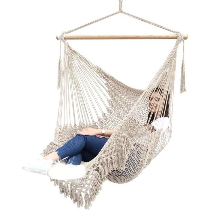 Chaise hamac suspendue en coton - Barre en bois et confort optimal Design respirant et robuste - Intérieur et extérieur