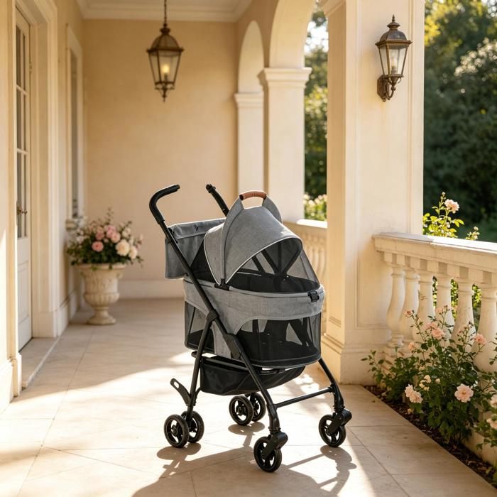 Poussette pour chien - Gris - Tissu Oxford - Dimensions assemblées: 69x47x101 cm - Poids: 6.2 kg - Charge max: 10 kg