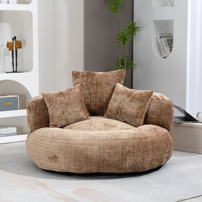 VEVXYN fauteuil salon lounge compressé siège 1 place chenille café 108 x 108 x 52 cm dossier haut accoudoirs 3 coussins