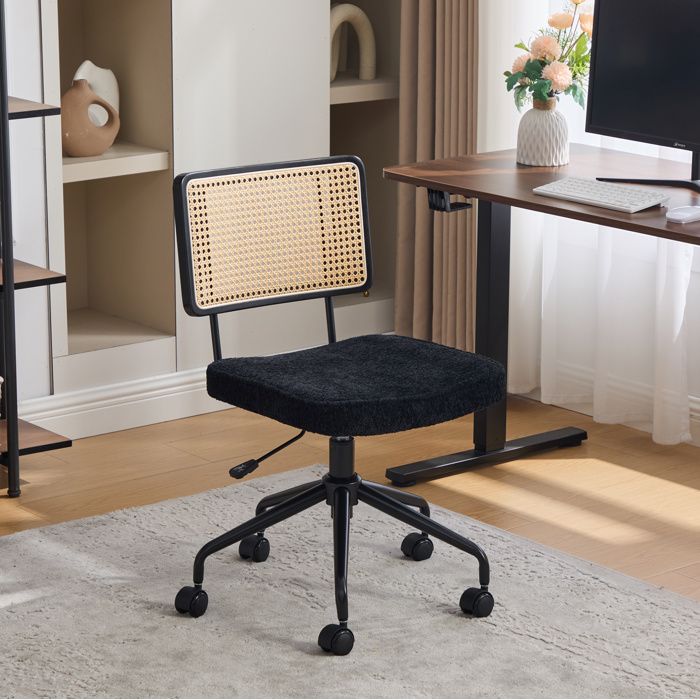 ULEVR chaise de bureau vintage en cannage rotin chenille noire pivotante réglable en hauteur à roulettes