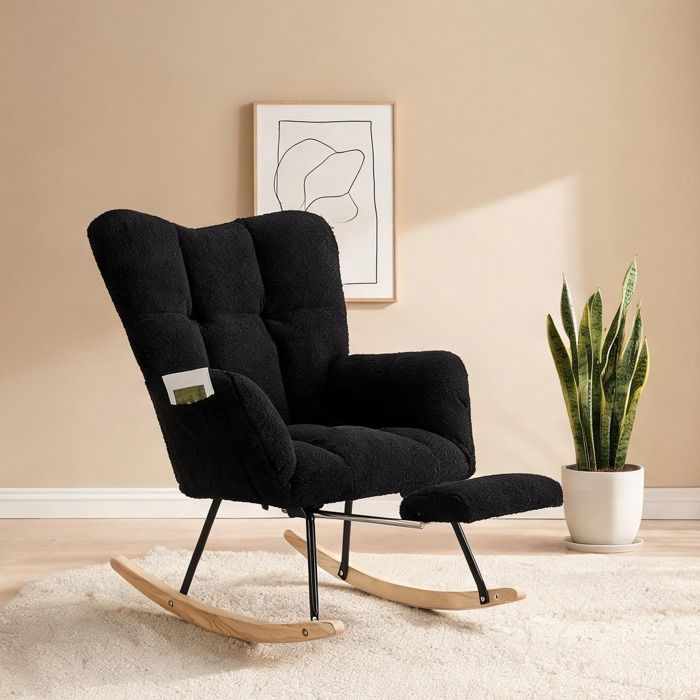 Fauteuil à bascule avec repose-pieds rabattable en tissu teddy deep black cadre métal et bois massif dossier haut