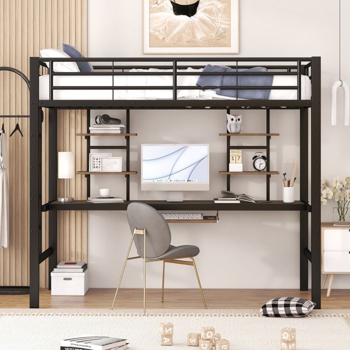 Lit Mezzanine Métal avec Bureau et Étagères 90x200 Noir - Lit Surélevé Adulte Enfant Gain de Place