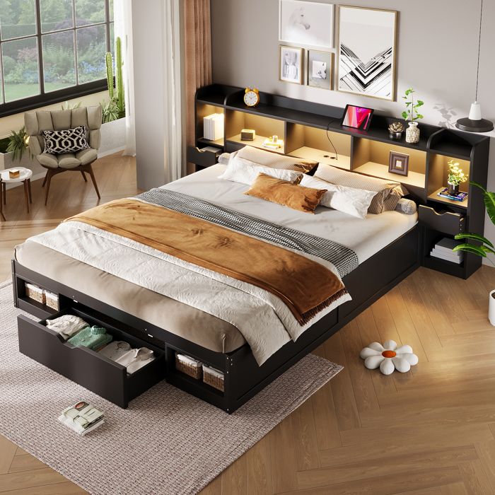Lit double 180x200 cm Lit enfant adolescent adulte en bois avec bande LED ports USB 3 tiroirs 9 compartiments de rangements noir