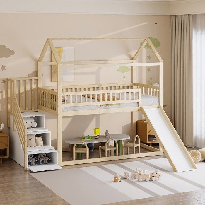 Lit mezzanine enfant en bois blanc - BLACKCOLOR - 90x200 cm - Toboggan - Échelle de rangement - Garde-corps surélevés Lit mezzanine enfant en bois blanc - BLACKCOLOR - 90x200 cm - Toboggan - Échelle de rangement - Garde-corps surélevés
