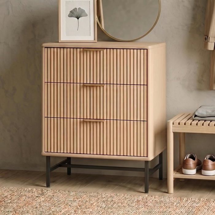 JIEXI Table de chevet moderne cannelée avec 3 tiroirs poignées dorées et cadre en métal pour chambre à coucher
