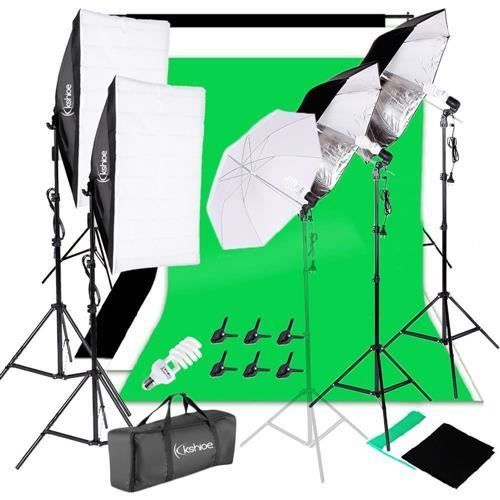 Photo Studio Support Fond avec 4 Kit Éclairage 65W Ampoule, 2*Softbox ,3*Parapluie ,3*Toiles de Fond et1 Sac de Transport