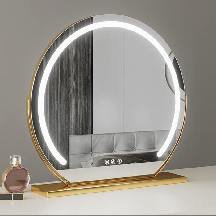 Miroir De Table Avec Lumière Rétro Européen Vintage - Grossissement 10X, 3 Couleurs, Rotation 360° - Or