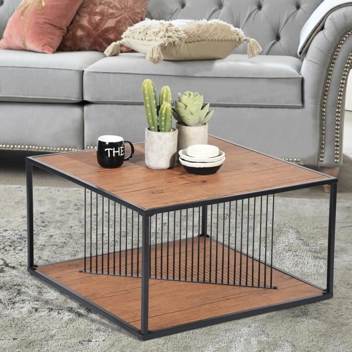 Table Basse Carree Style Industriel Vintage En Metal Avec Etagere