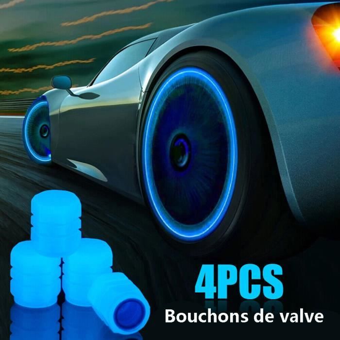 Lot de 4 Bouchons de Valve Bleu Fluorescent Lumineux Universelle pour Voiture, Moto, Vélo, Roue