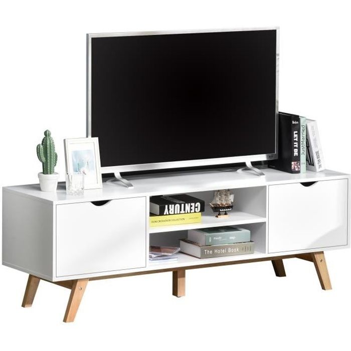 homcom meuble tv bas sur pied style scandinave 2 portes 2 niches passe-fils panneaux particules mdf blanc bois massif hévéa