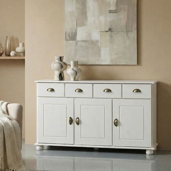 buffet colmar commode bahut vaisselier meuble bas rangement avec 2 tiroirs et 3 portes en pin massif lasure blanc cdiscount maison