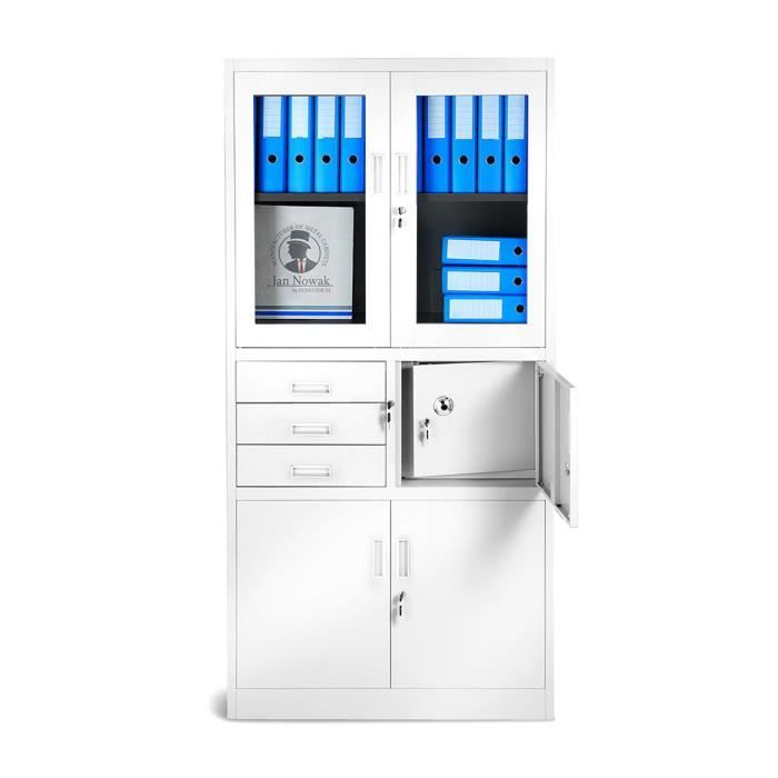 Armoire de Bureau Métallique Coffre-Fort Compartiment Secret Portes battantes 185 cm x 90 cm x 40 cm (Blanc)
