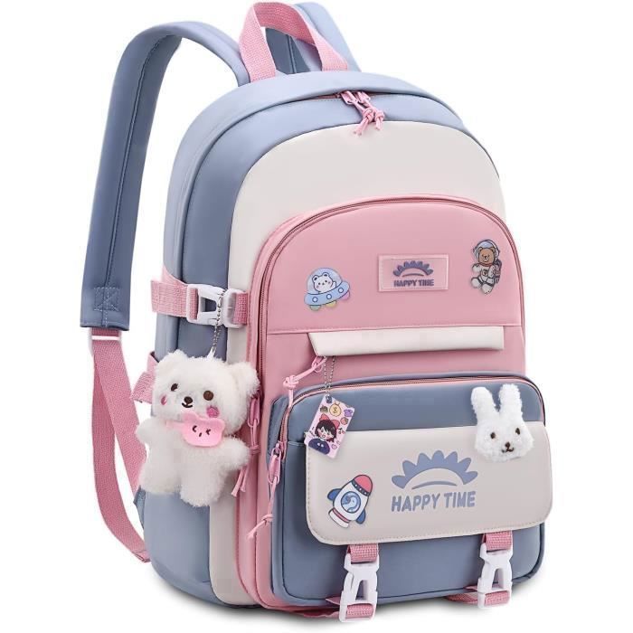 Cartable Fille Primaire Sac a Dos Fille Sacs Scolaires Leger Impermeable en Nylon avec Pendentif pour Enfants de 8 a 14 Ans Bleu