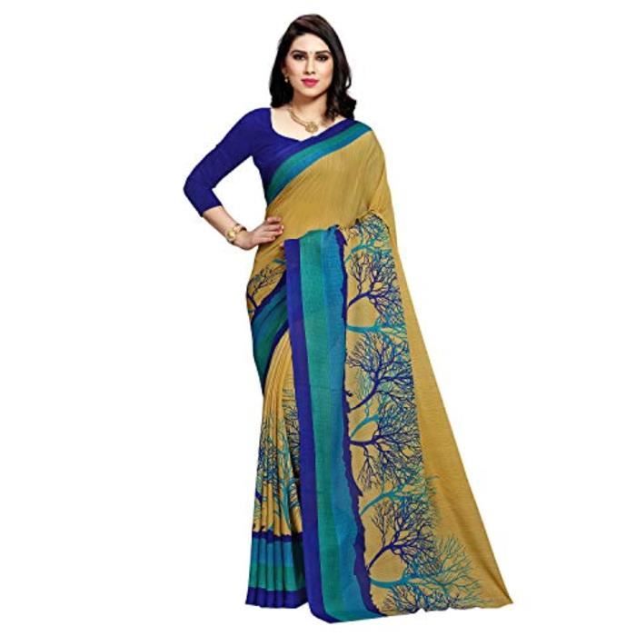 Sari Georgette Imprimé Floral Rose - 5,5m Avec Pièce De Chemisier Non Cousue - Pour Fêtes Et Mariages