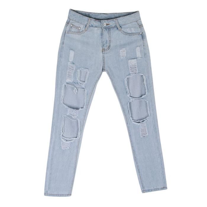 Pantalon en jean avec chaîne pour femmes, taille basse, grand trou, en denim,  bas long | AliExpress