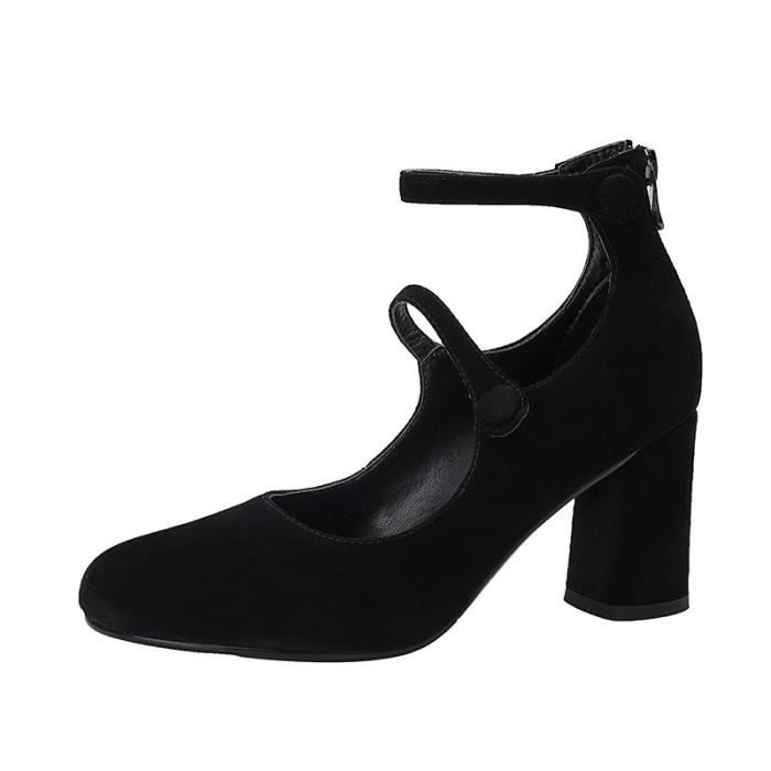 Escarpin r tro pour femmes Noir Talon carr Fermeture clair