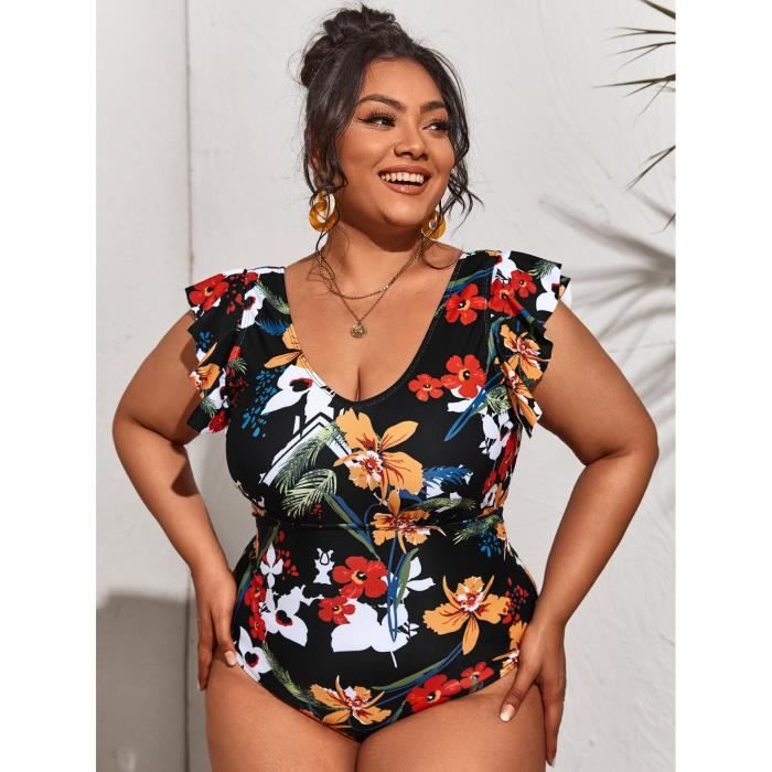 Maillot de Bain Gainant Femme Pièce Grande Taille Orange Col V  Ajustable Effet Amincissant