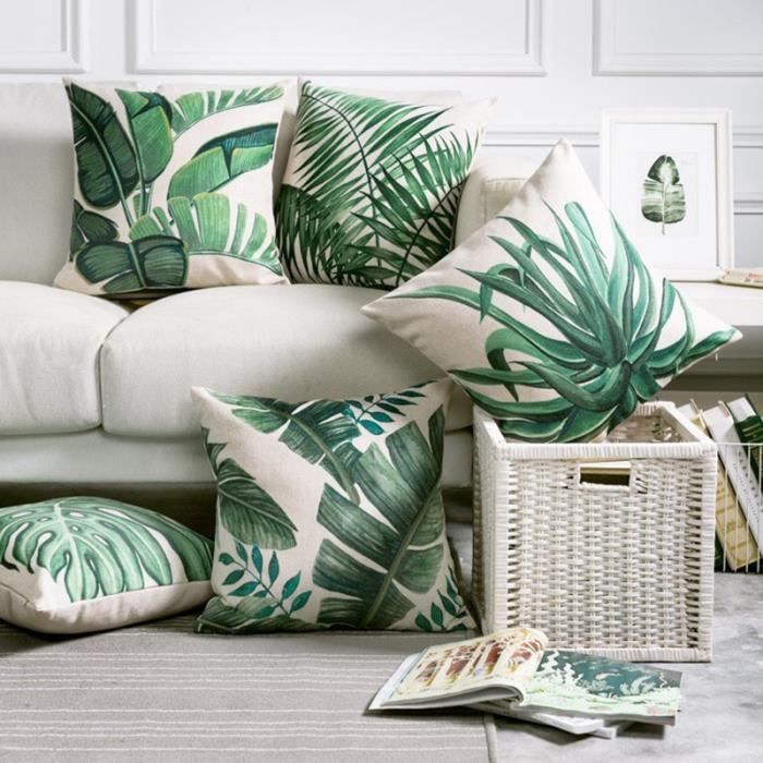 Taie d'oreiller de Style tropical lot de 4 housse de coussin en lin carré  imprimé végétal vert pour accessoires de canapé 45 * 45 cm - Cdiscount  Maison