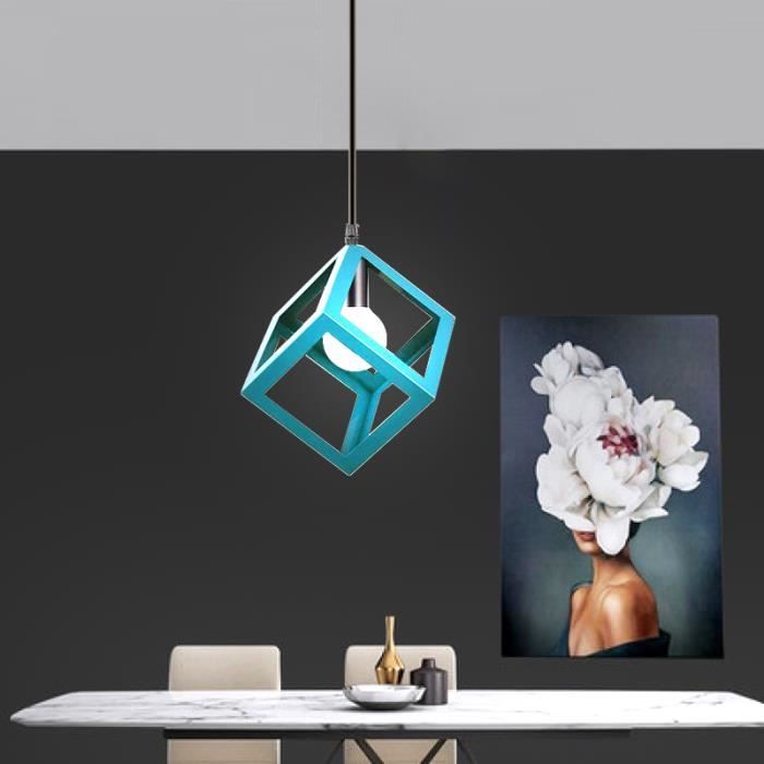 SNO Lustre Cube Luminaire Industrielle Plafonnier Vintage Ø16cm Bleu Clair Lustre E27 en Métal pour Chambre Salle à Manger Salon