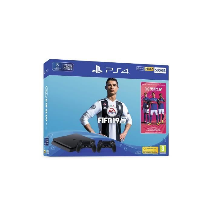 PS4 Console 500GB F ChassisSlim Black + Fifa 19 + 2 Dual Shock 4