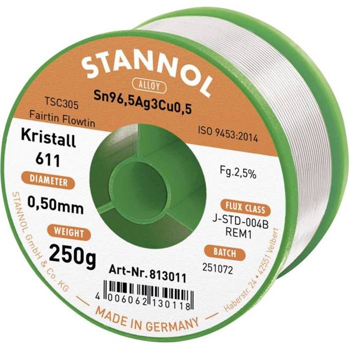 Soudure Sans Plomb 0,35 Mm – Étain 96,5% Argent 3% Cuivre 0,5% – 500 G