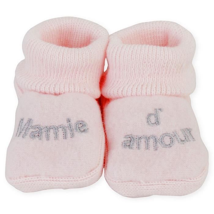 chaussons bébé fille trois kilos sept - rose avec message brodé tout doux 'mamie d'amour'