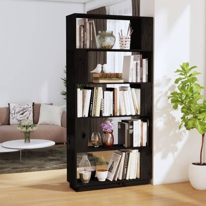 Bibliothèque - Noir - 80x25x1635 cm - Bois massif - Étagère polyvalente - Design contemporain