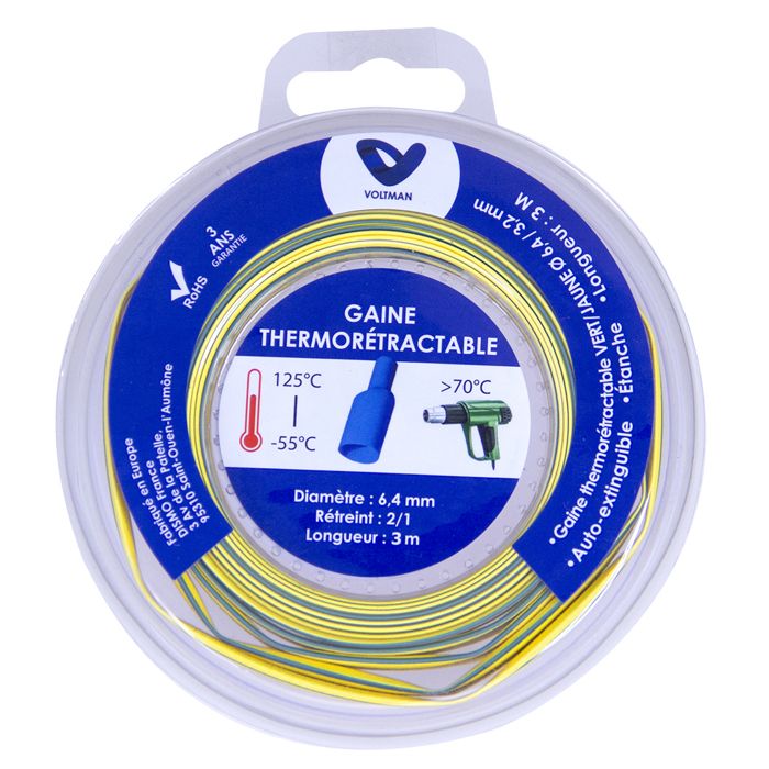 Gaine Thermorétractable 5m - 19,1 Mm à 9,5 Mm Jaune/Vert Pour Isolation Câbles