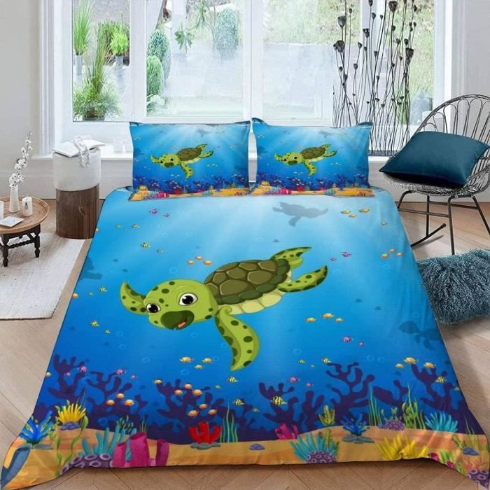 Drap Housse Tortue De Mer 3D 120x190 + 2 Taies - Océan Bleu Profond, Poche 30cm, Microfibre Douce Anti-Plis Pour Enfants & Adultes