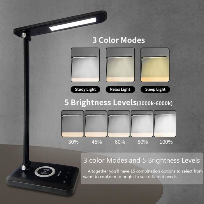 Lampe de Bureau LED avec Chargeur Sans Fil, Lampe de Table Dimmable 3 Modes  5 Niveaux, Lampe de Chevet Tactile Protection des [611] - Cdiscount Maison