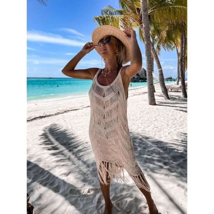 Robe Femme Crochet Vetements d exterieur Sexy Robe d ete Robe d ete Robe les glands de plage2023 Jaune Cdiscount Pret a Porter
