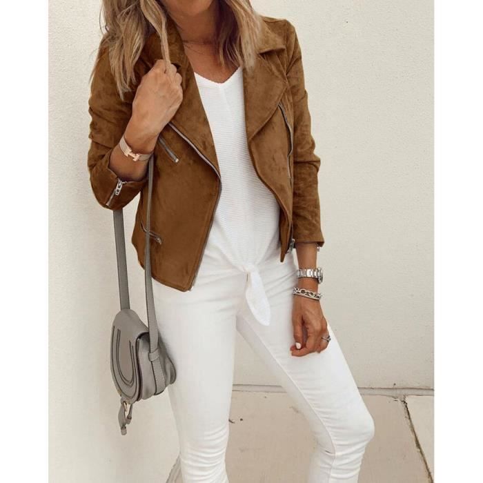Femme Zippees Veste Courte Printemps Chaud Manches Longues Punk Motard Veste Classique Grande Taille Retro Blouson Outwear Kaki