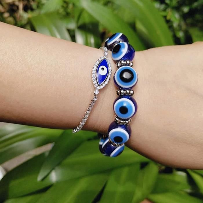 Bracelet chaine oeil bleu de protection acier or femme - Budget Beauté